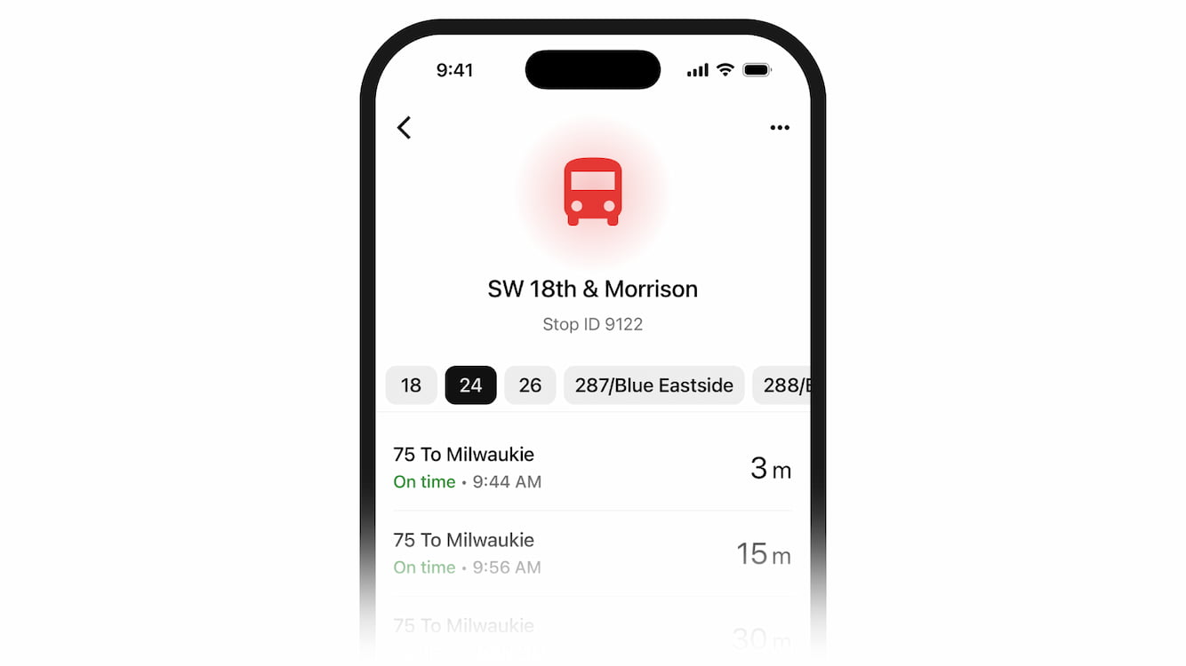 The redesigned Trivory Bus Tracker showing multiple TriMet lines